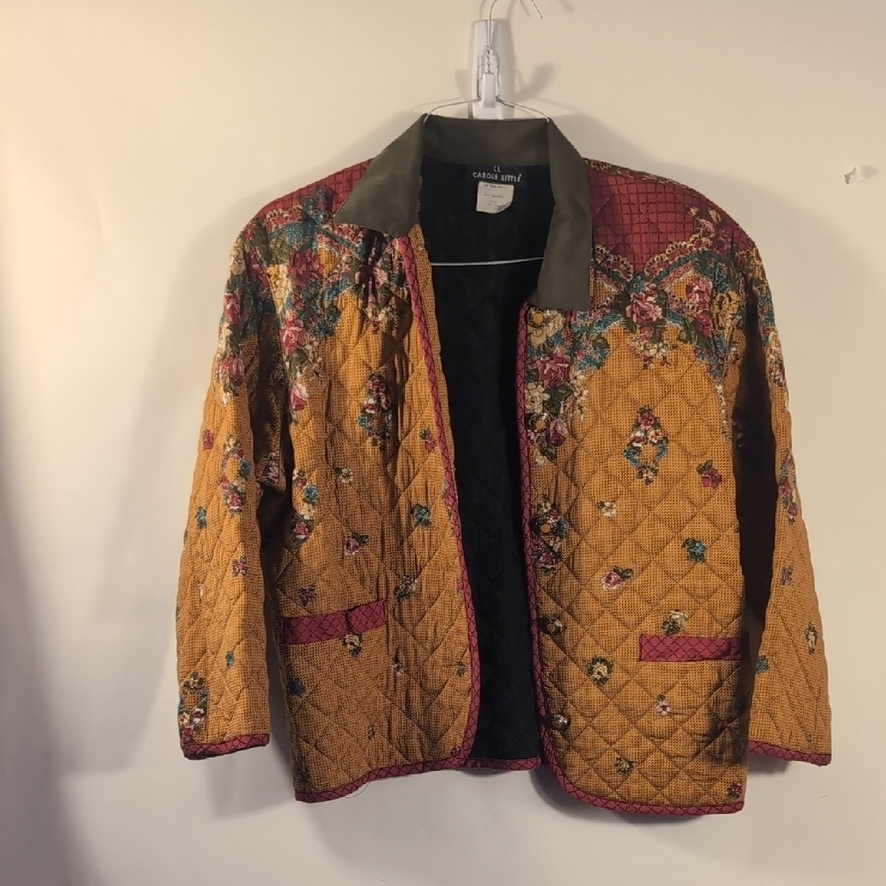 Vintage Carole Little Quilted Floral Jacket Mustard Yellow Boho Barn Coat Large